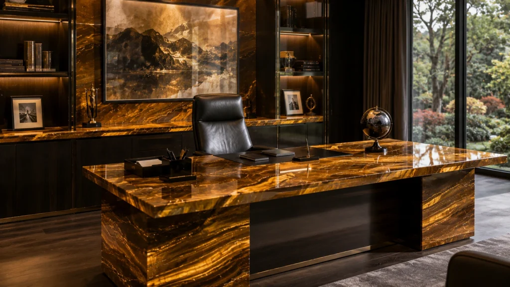 Semi-Precious Stone Countertops (2026 Guide): Everything You Need to Know Before Buying Gemstone Slabs 8 golden tiger eye gemstone desk