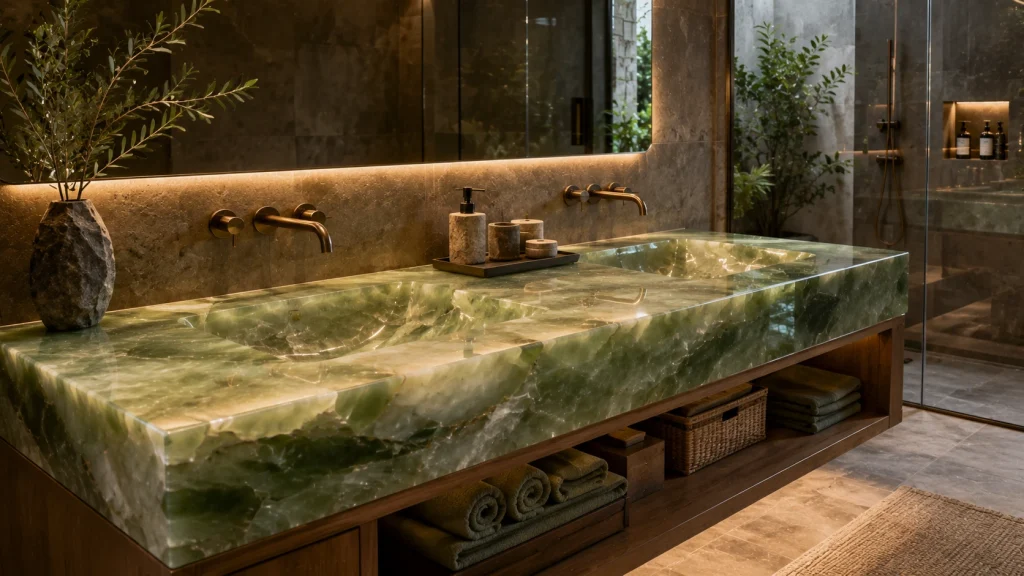 Semi-Precious Stone Countertops (2026 Guide): Everything You Need to Know Before Buying Gemstone Slabs 12 green jade gemstone vanity countertop