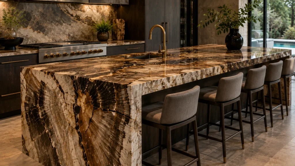 Semi-Precious Stone Countertops (2026 Guide): Everything You Need to Know Before Buying Gemstone Slabs 10 kitchen island crafted from petrified wood gemstone
