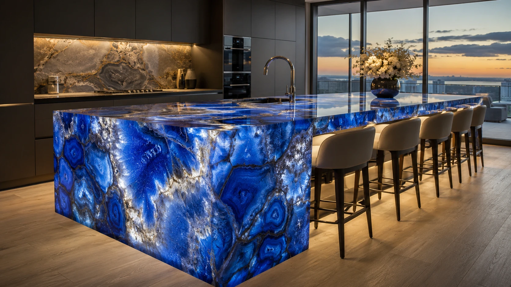 Semi-Precious Stone Countertops (2026 Guide): Everything You Need to Know Before Buying Gemstone Slabs 1 semi-precious stone island with waterfall edges