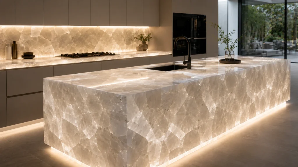 Semi-Precious Stone Countertops (2026 Guide): Everything You Need to Know Before Buying Gemstone Slabs 11 white quartz crystal gemstone countertop