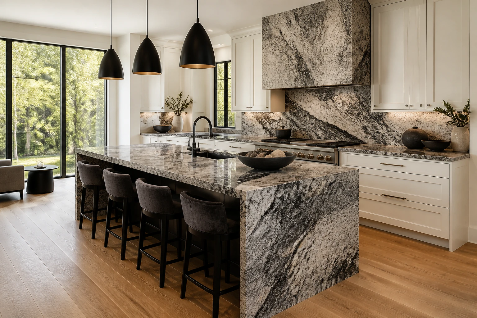 cost of installing quartz countertops: Granite island backsplash hood stools pendant lights white cabinets kitchen