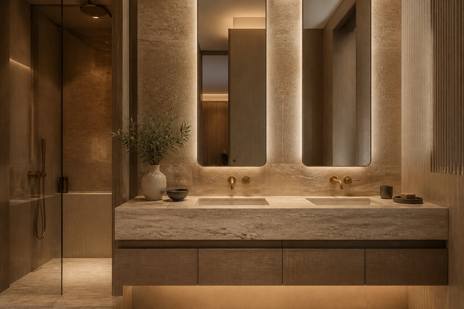 cost of installing quartz countertops: Travertine vanity with brass taps mirrors vase bathroom shower